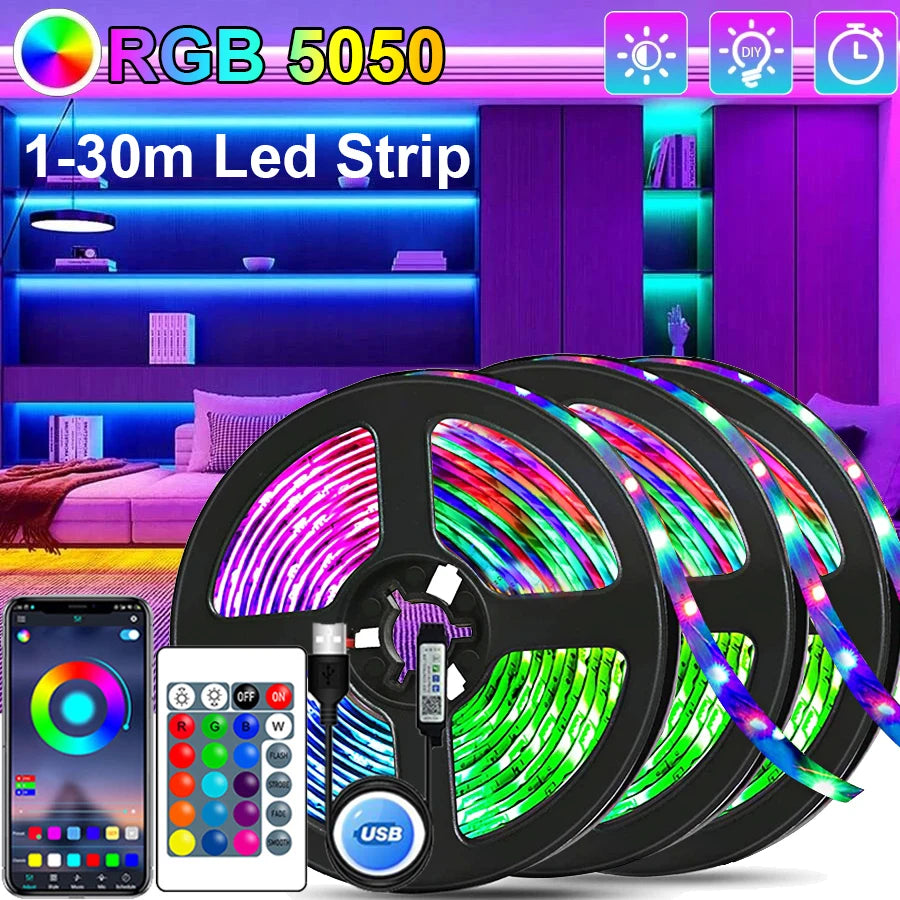 RGB 5050 LED Light Strip USB APP Control Color Changing Lights Flexible Lamp Tape Ribbon Diode Festival Party TV Desk Room Decor