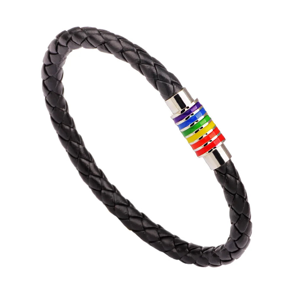 Fashion Gay Pride Rainbow Leather Bracelets For Women Men Black Brown Genuine Leather Bangle Magnetic Clasp LGBT Jewelry