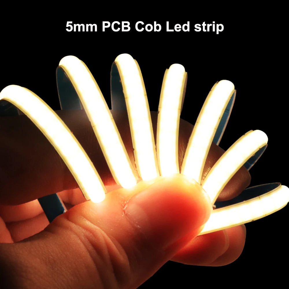 5mm COB LED Strip 384LEDs/M High Density Flexible FOB DC12V/24V Light Bar Warm Cold White 3000K 4000K 6000K for Decor Lighting