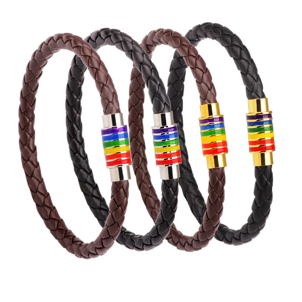 Fashion Gay Pride Rainbow Leather Bracelets For Women Men Black Brown Genuine Leather Bangle Magnetic Clasp LGBT Jewelry