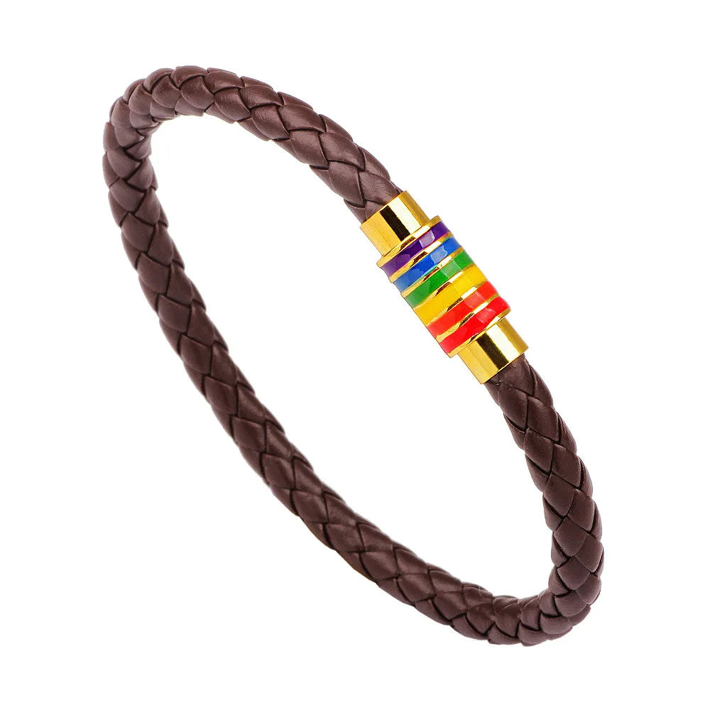 Fashion Gay Pride Rainbow Leather Bracelets For Women Men Black Brown Genuine Leather Bangle Magnetic Clasp LGBT Jewelry