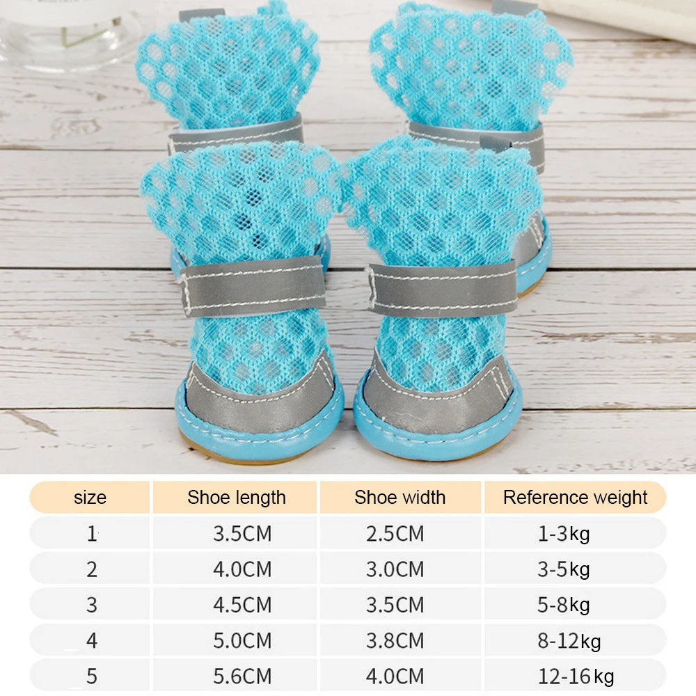 4pcs Summer Breathable Mesh Dog Shoes Cat Puppy Socks Shoes Pet Anti-slip Rain Boots Teddy Puppy Sandals Reflective Foot Cover