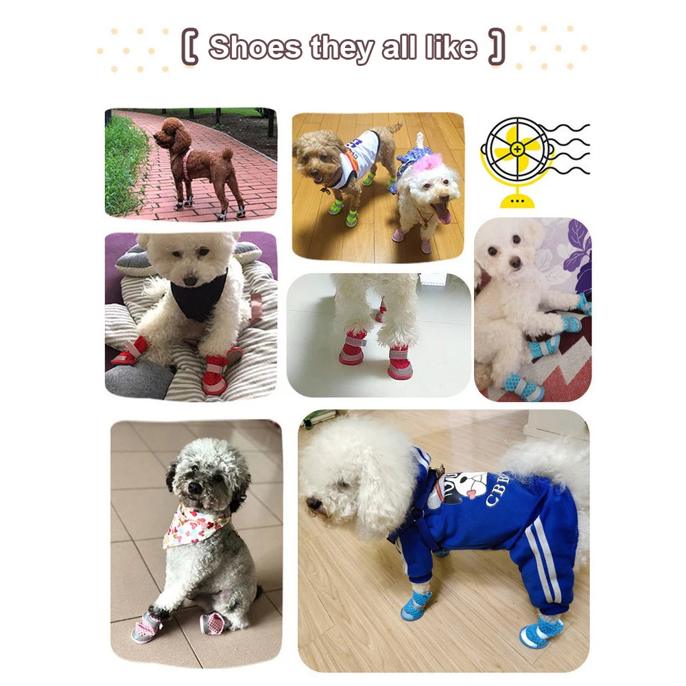 4pcs Summer Breathable Mesh Dog Shoes Cat Puppy Socks Shoes Pet Anti-slip Rain Boots Teddy Puppy Sandals Reflective Foot Cover