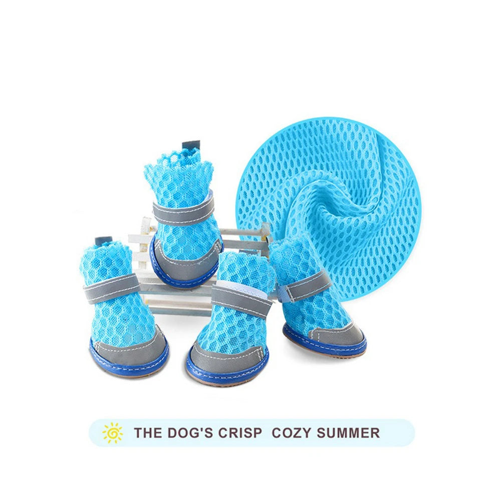 4pcs Summer Breathable Mesh Dog Shoes Cat Puppy Socks Shoes Pet Anti-slip Rain Boots Teddy Puppy Sandals Reflective Foot Cover