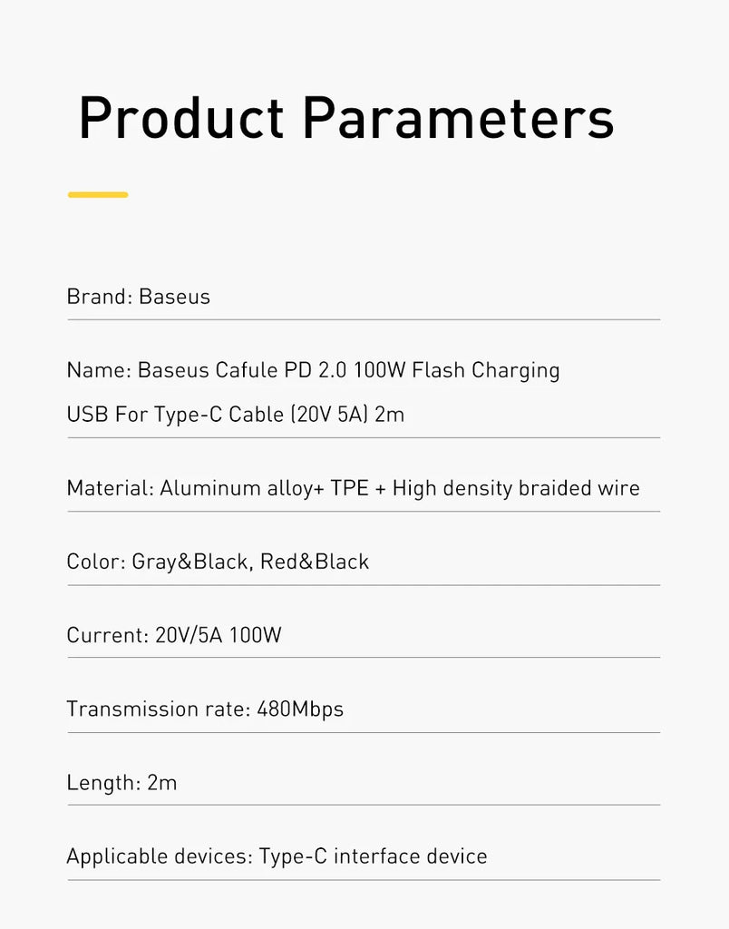 Baseus-USB C to USBC Cable, PD Fast Charging Cable, MacBook, Samsung, Xiaomi Phone, 2M Quick Charge, 3.0 A, Type C, 100W