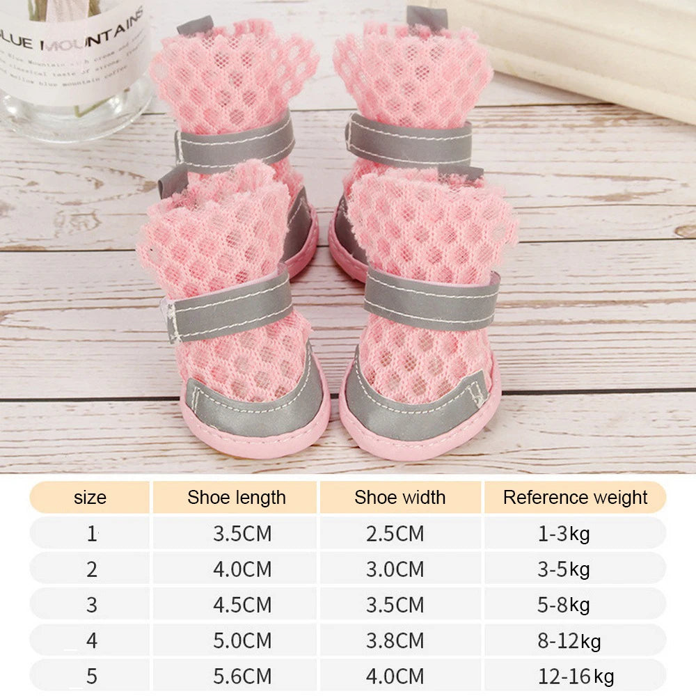 4pcs Summer Breathable Mesh Dog Shoes Cat Puppy Socks Shoes Pet Anti-slip Rain Boots Teddy Puppy Sandals Reflective Foot Cover