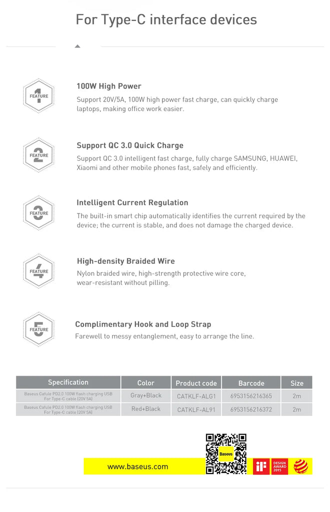 Baseus-USB C to USBC Cable, PD Fast Charging Cable, MacBook, Samsung, Xiaomi Phone, 2M Quick Charge, 3.0 A, Type C, 100W