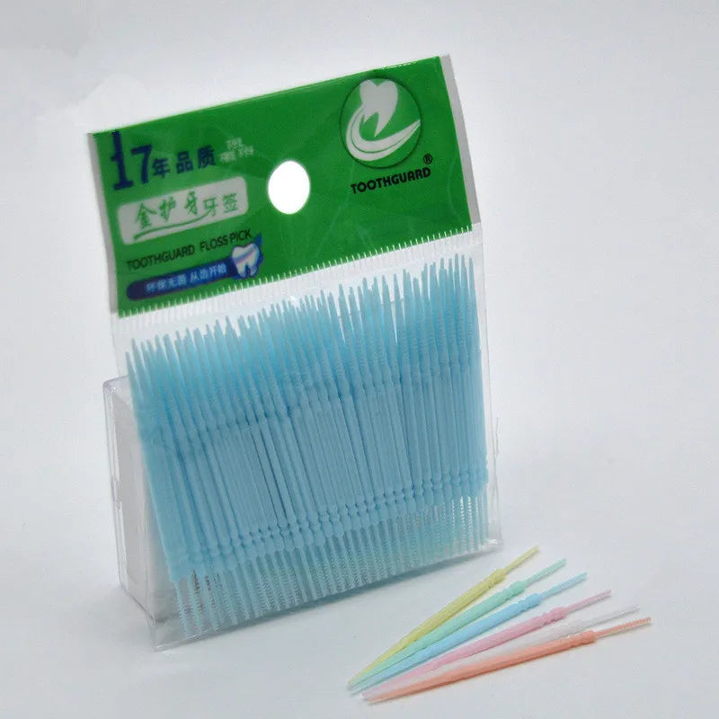 100pcs/bag Double-ended Fish Bone Shaped Disposable Plastic Toothpick Dental Floss Interdental Brush Oral Cleaning Caring Tools