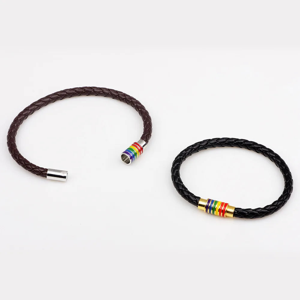 Fashion Gay Pride Rainbow Leather Bracelets For Women Men Black Brown Genuine Leather Bangle Magnetic Clasp LGBT Jewelry