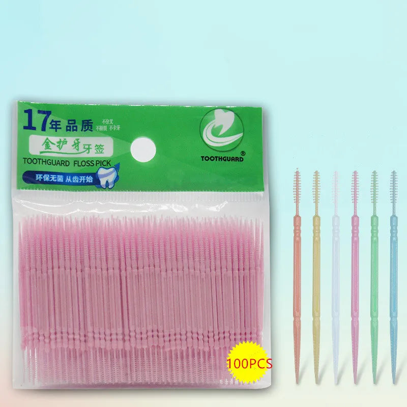 100pcs/bag Double-ended Fish Bone Shaped Disposable Plastic Toothpick Dental Floss Interdental Brush Oral Cleaning Caring Tools