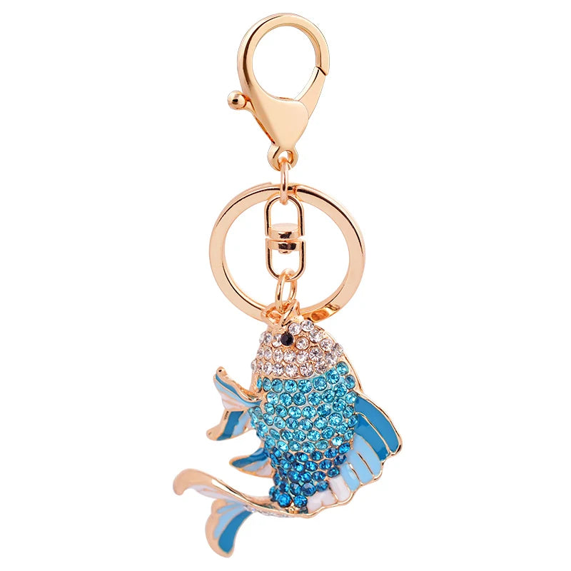 EASYA Fashion Rhinestone Cute Colorful Fish Key Ring Chain 2 Colors Pink Blue Car Keychain for Women Bags Charm CHY-2415