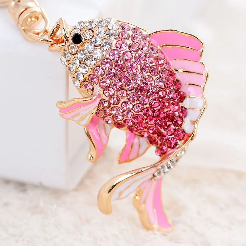 EASYA Fashion Rhinestone Cute Colorful Fish Key Ring Chain 2 Colors Pink Blue Car Keychain for Women Bags Charm CHY-2415