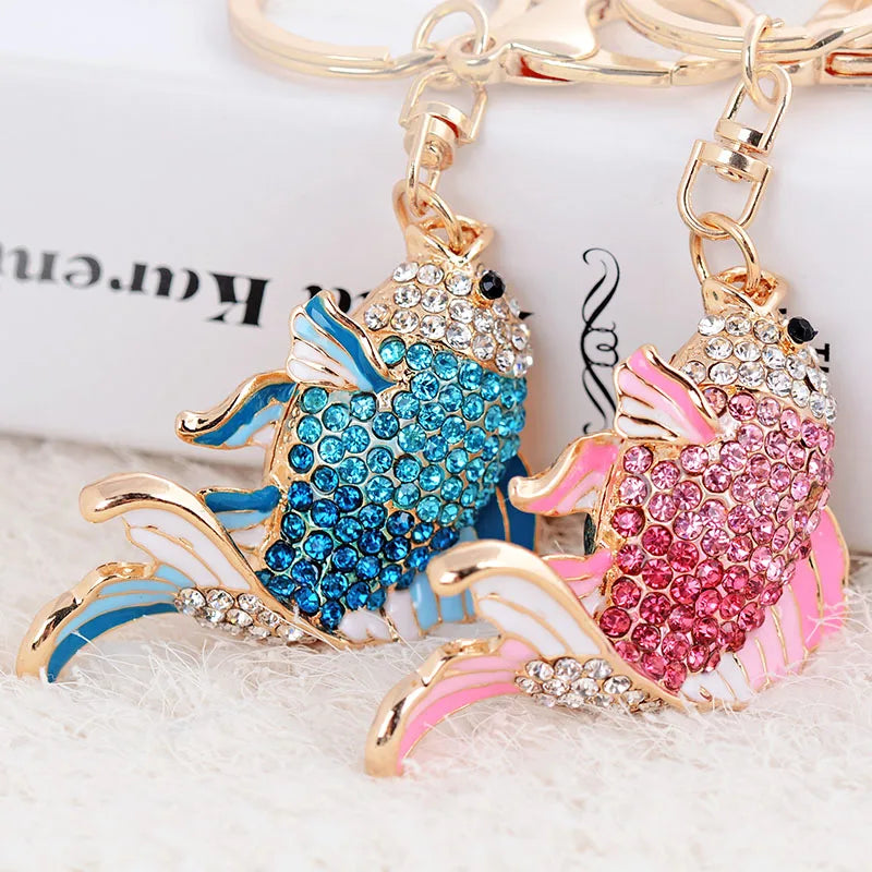 EASYA Fashion Rhinestone Cute Colorful Fish Key Ring Chain 2 Colors Pink Blue Car Keychain for Women Bags Charm CHY-2415