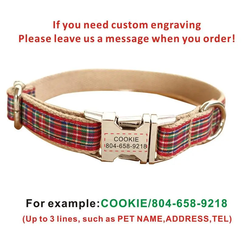 Personalized Pet Collar Scottish Plaid Custom Puppy Cat Name ID Tag Adjustable Collars Lead Leash  Free Engraving Dog Collars