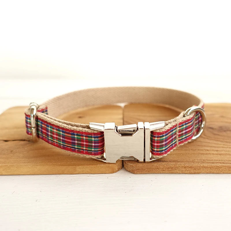 Personalized Pet Collar Scottish Plaid Custom Puppy Cat Name ID Tag Adjustable Collars Lead Leash  Free Engraving Dog Collars