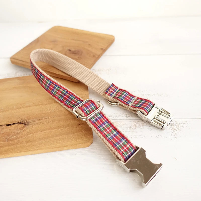 Personalized Pet Collar Scottish Plaid Custom Puppy Cat Name ID Tag Adjustable Collars Lead Leash  Free Engraving Dog Collars