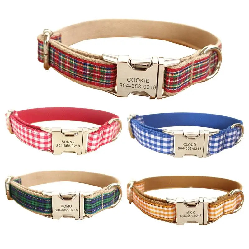 Personalized Pet Collar Scottish Plaid Custom Puppy Cat Name ID Tag Adjustable Collars Lead Leash  Free Engraving Dog Collars