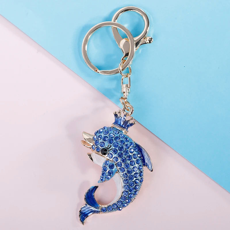 EASYA Fashion Rhinestone Cute Colorful Fish Key Ring Chain 2 Colors Pink Blue Car Keychain for Women Bags Charm CHY-2415