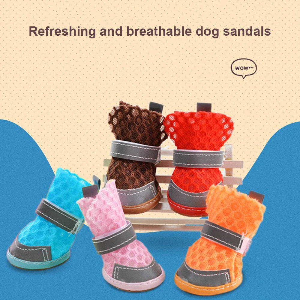 4pcs Summer Breathable Mesh Dog Shoes Cat Puppy Socks Shoes Pet Anti-slip Rain Boots Teddy Puppy Sandals Reflective Foot Cover