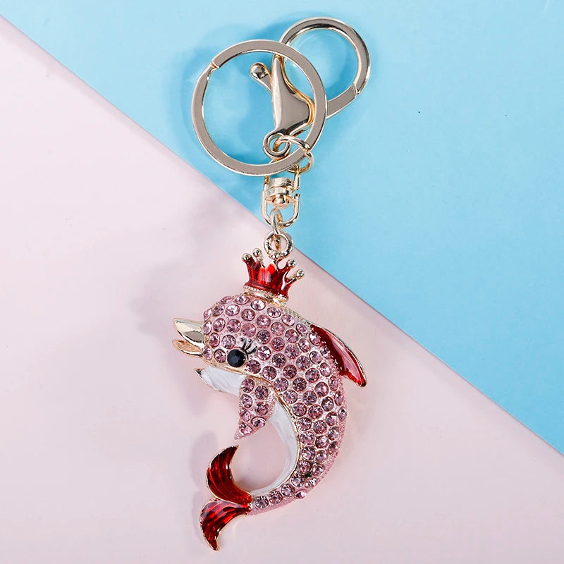 EASYA Fashion Rhinestone Cute Colorful Fish Key Ring Chain 2 Colors Pink Blue Car Keychain for Women Bags Charm CHY-2415