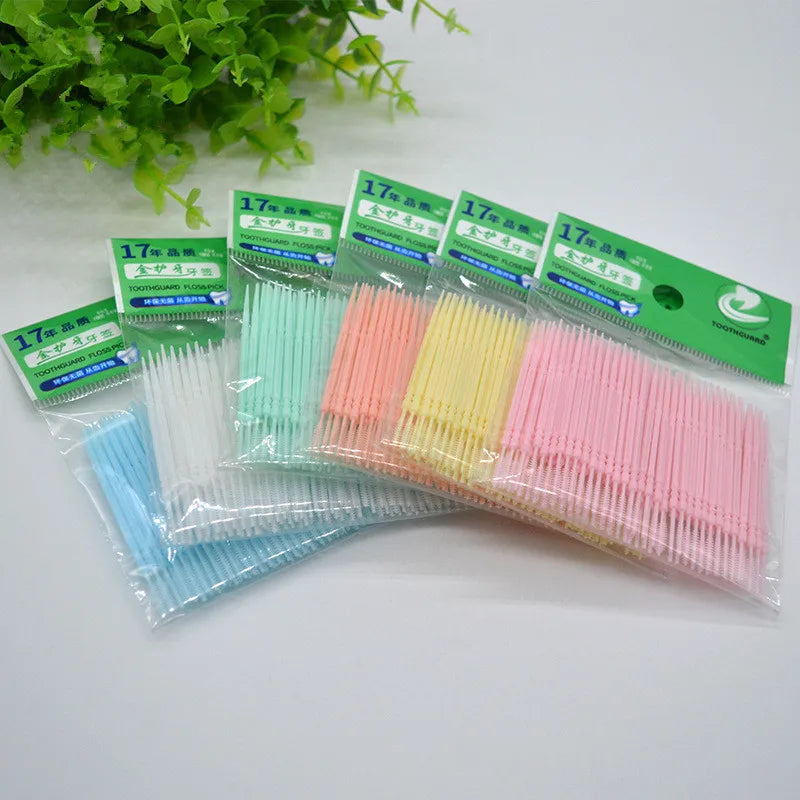 100pcs/bag Double-ended Fish Bone Shaped Disposable Plastic Toothpick Dental Floss Interdental Brush Oral Cleaning Caring Tools