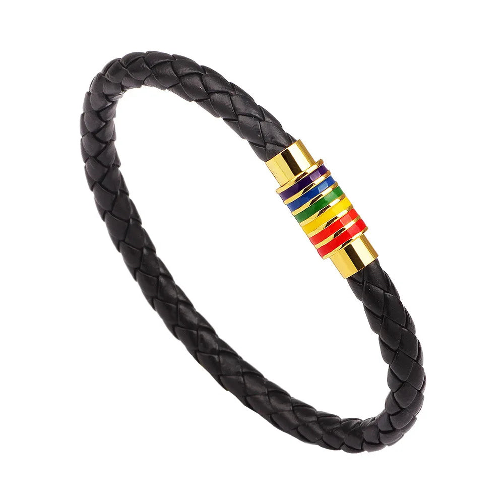 Fashion Gay Pride Rainbow Leather Bracelets For Women Men Black Brown Genuine Leather Bangle Magnetic Clasp LGBT Jewelry