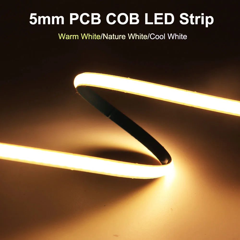 5mm COB LED Strip 384LEDs/M High Density Flexible FOB DC12V/24V Light Bar Warm Cold White 3000K 4000K 6000K for Decor Lighting