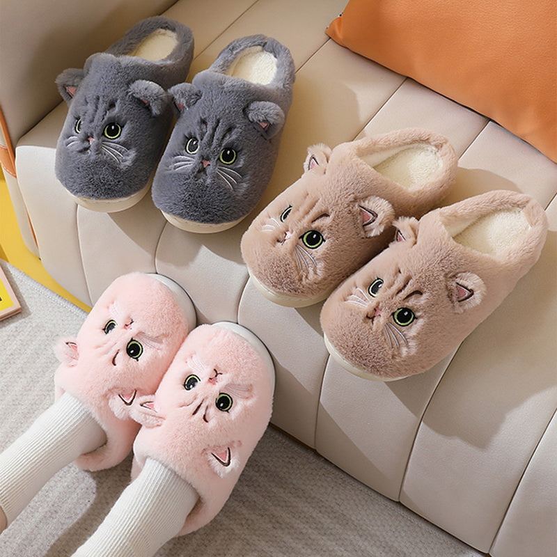 New Winter Women Lovely Cat Plush Slippers Warm Shoes Slides Cute Cartoon Cat Fuzzy Slippers Men Soft Footwear Home Cotton Shoes