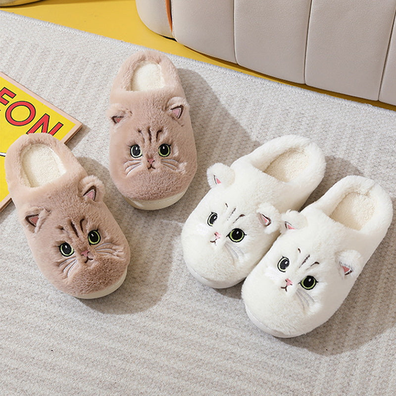 New Winter Women Lovely Cat Plush Slippers Warm Shoes Slides Cute Cartoon Cat Fuzzy Slippers Men Soft Footwear Home Cotton Shoes