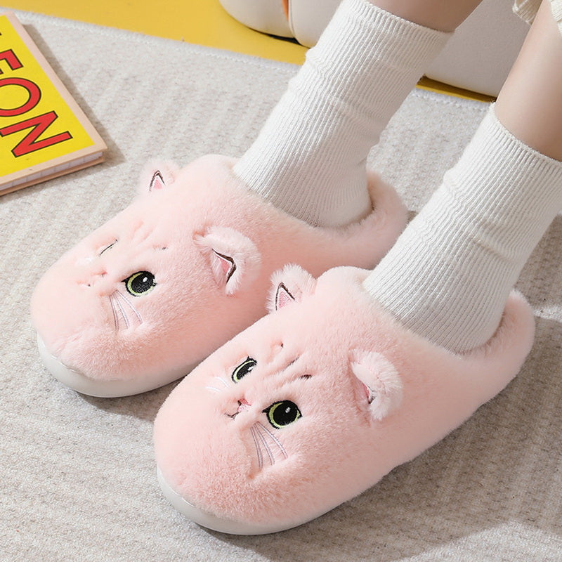 New Winter Women Lovely Cat Plush Slippers Warm Shoes Slides Cute Cartoon Cat Fuzzy Slippers Men Soft Footwear Home Cotton Shoes