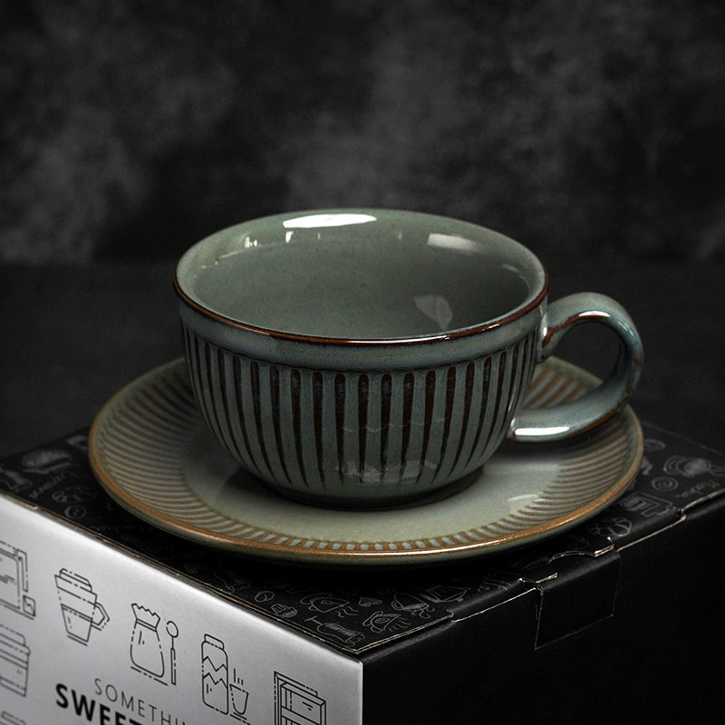 Retro European-Style Glazed Ceramic Coffee Cup Cappuccino Latte Fancy Coffee Pull Flower Cup and Saucer Suit 220ml