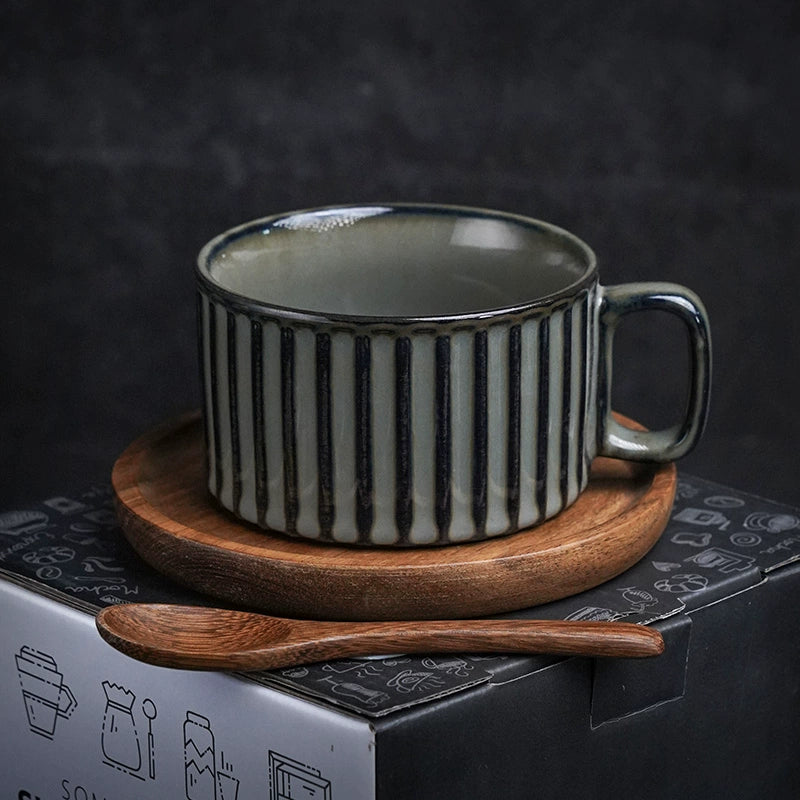 Retro European-Style Glazed Ceramic Coffee Cup Cappuccino Latte Fancy Coffee Pull Flower Cup and Saucer Suit 220ml