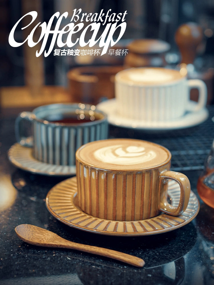 Retro European-Style Glazed Ceramic Coffee Cup Cappuccino Latte Fancy Coffee Pull Flower Cup and Saucer Suit 220ml