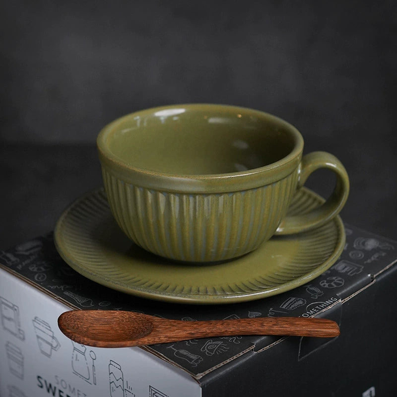 Retro European-Style Glazed Ceramic Coffee Cup Cappuccino Latte Fancy Coffee Pull Flower Cup and Saucer Suit 220ml