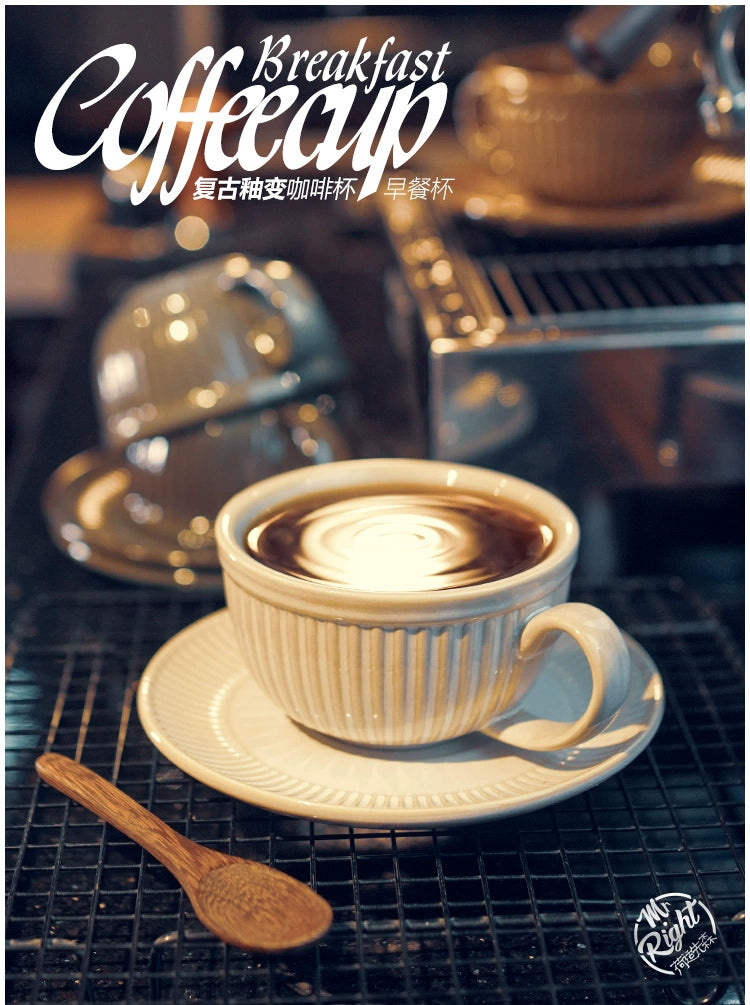 Retro European-Style Glazed Ceramic Coffee Cup Cappuccino Latte Fancy Coffee Pull Flower Cup and Saucer Suit 220ml