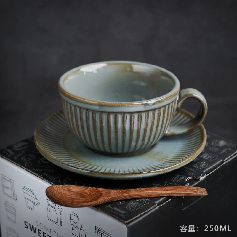 Retro European-Style Glazed Ceramic Coffee Cup Cappuccino Latte Fancy Coffee Pull Flower Cup and Saucer Suit 220ml