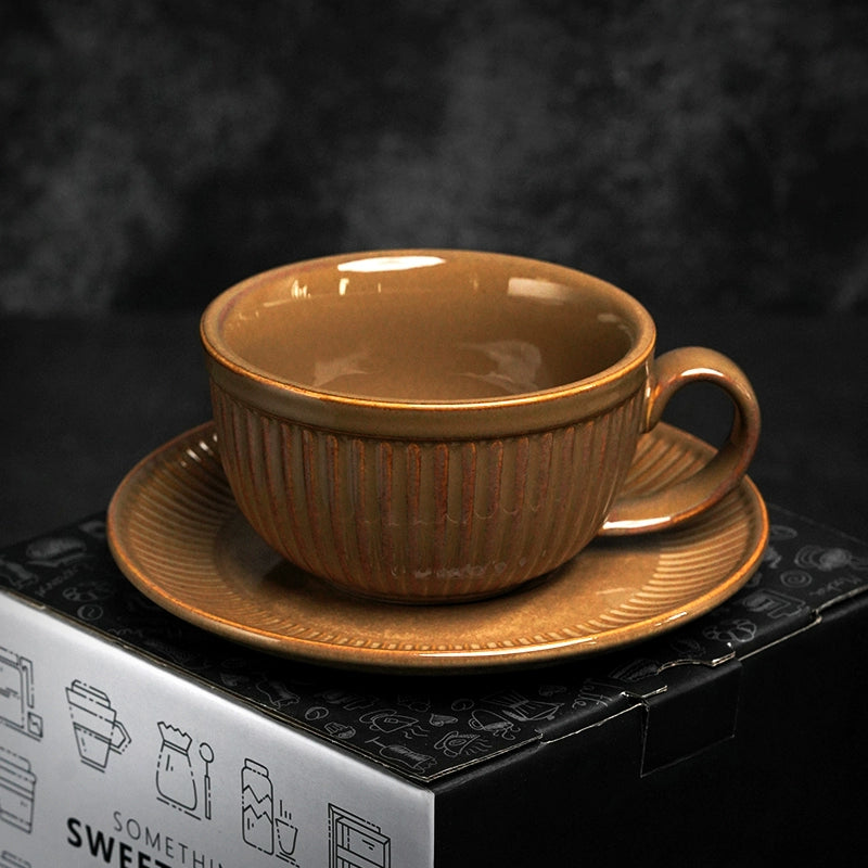 Retro European-Style Glazed Ceramic Coffee Cup Cappuccino Latte Fancy Coffee Pull Flower Cup and Saucer Suit 220ml