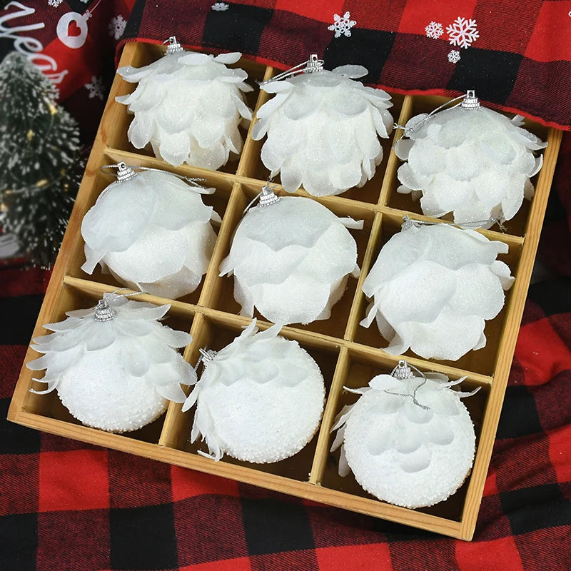 3pcs/Box Christmas Tree Ornaments White Glitter Petal Shape Balls Foam Snow Ball Christmas Pendants New Year Home Hanging Decor