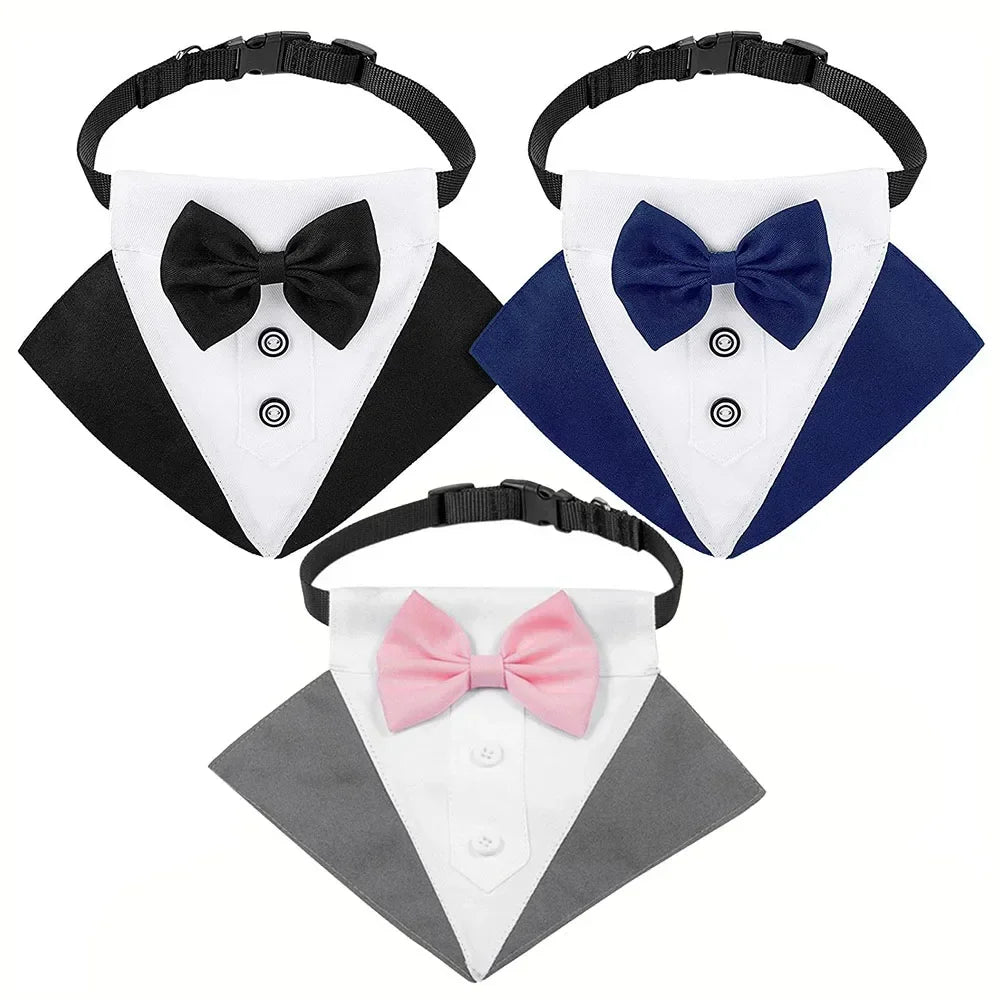 Dogs Tuxedo Bandana Formal Dog Wedding Bandana Collar with Bow Tie Adjustable Pet Scarf Bibs Party Birthday Costume Accessories