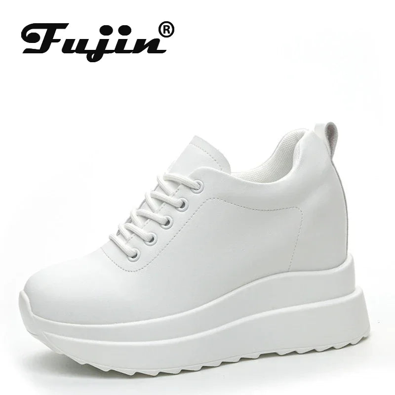 Fujin 2024 10CM Genuine Leather Sneakers Platform Shoes Wedge Hidden Heel Pumps Warm Fur Fashion Sneakers Women Winter Shoes