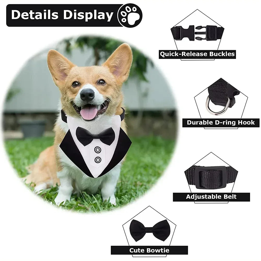 Dogs Tuxedo Bandana Formal Dog Wedding Bandana Collar with Bow Tie Adjustable Pet Scarf Bibs Party Birthday Costume Accessories