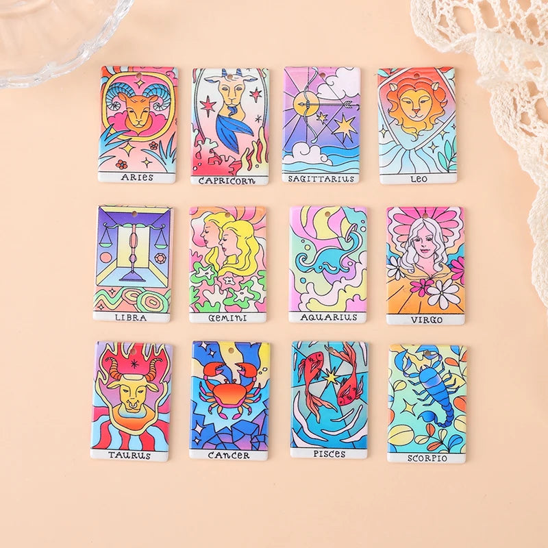 12Pcs 38*25MM Constellations Tarot Card Charms Magical Divination Crafts Acrylic Board Jewelry Necklace DIY Accessories