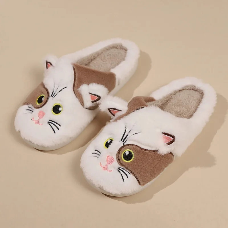 New Winter Women Lovely Cat Plush Slippers Warm Shoes Slides Cute Cartoon Cat Fuzzy Slippers Men Soft Footwear Home Cotton Shoes