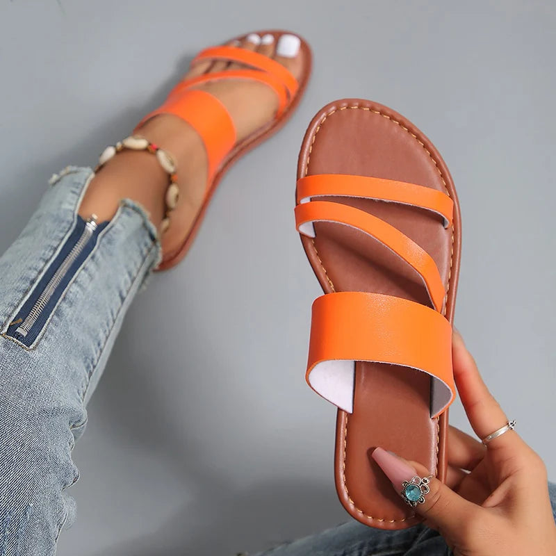 Rimocy 2023 Summer Flat Heel Sandals for Women Casual Plus Size Beach Slippers Woman Pu Leather Strap Slip-On Gladiator Sandals