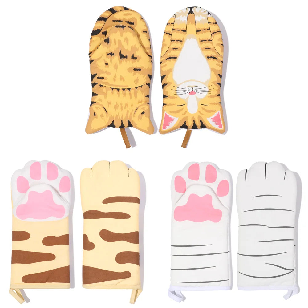 Cute Cartoon Cat Paws Pattern Oven Mitts Cotton Insulation Gloves Anti-Scalding Heat Resistant Baking Supply Microwave Tool