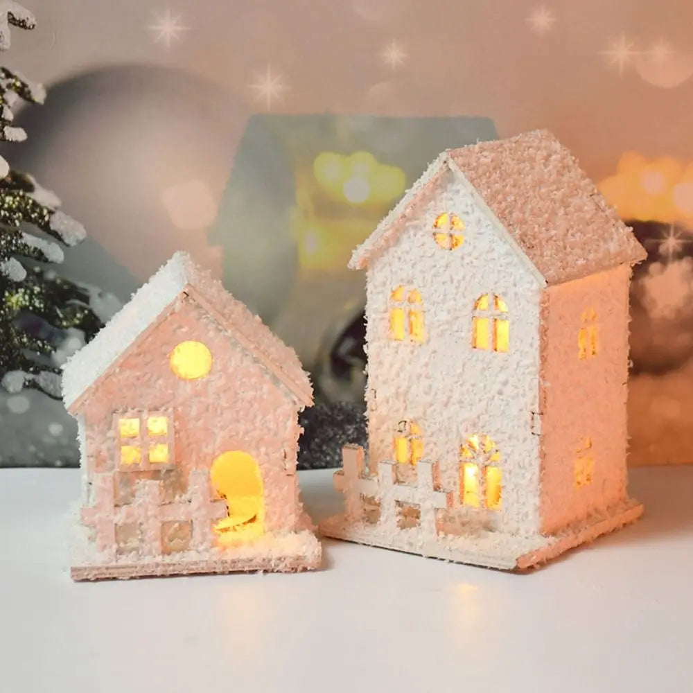 Mini Christmas LED Light Wooden House Kids Gift with Snowflake White Glowing Castle Luminous Christmas Tree