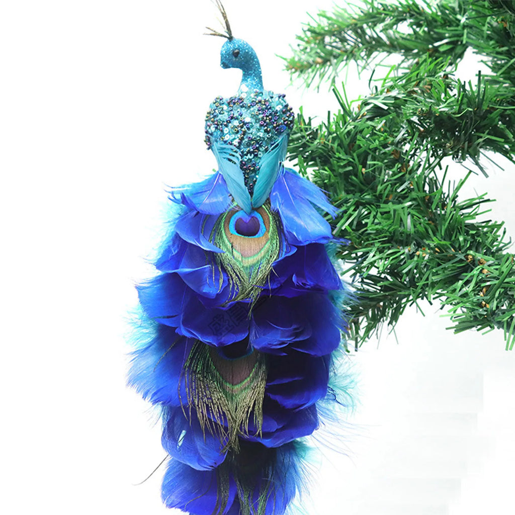 Christmas Decorations Faux Glitter Blue Peacock Ornaments With Tail Feather For Christmas Tree Decorations Garden Decor Yard