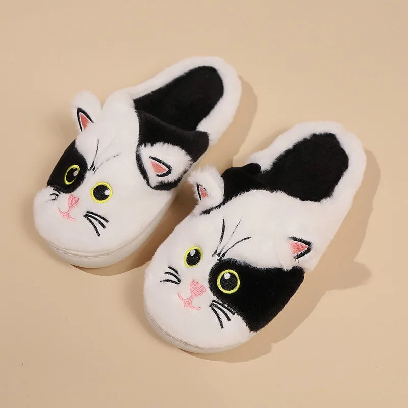 New Winter Women Lovely Cat Plush Slippers Warm Shoes Slides Cute Cartoon Cat Fuzzy Slippers Men Soft Footwear Home Cotton Shoes