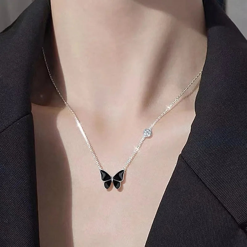 Summer 925 sterling silver black butterfly necklace female exquisite clavicle chain temperament pendant gifts to friends jewelry