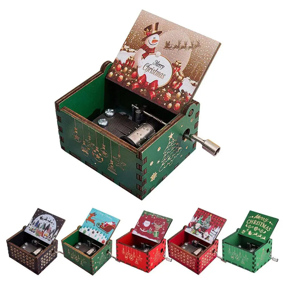 Red Merry Christmas Theme Music Box Carving Wooden Hand Crank Music Box Santa Claus New Year Christmas Gift for Children Gifts